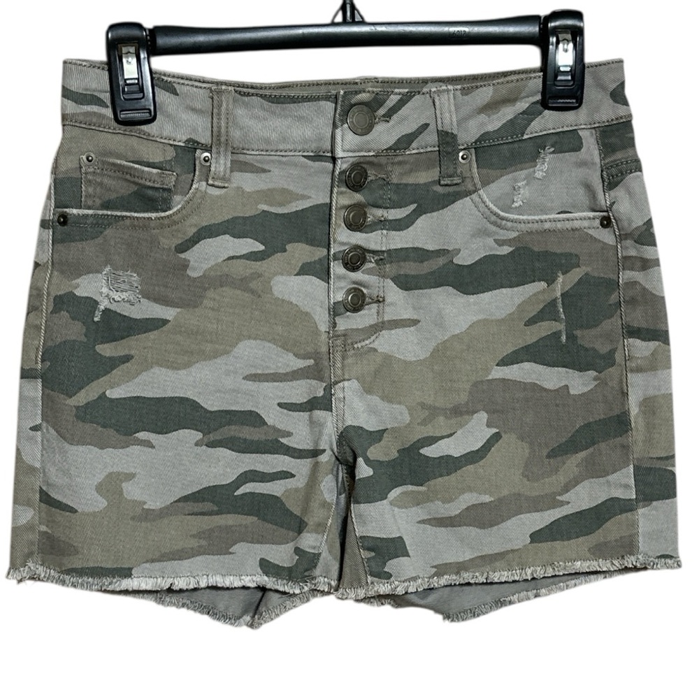 TIME AND TRU Hi-Rise 5-Button Fly Olive Camo Jean Shorts w/Frayed Hem, Size 2